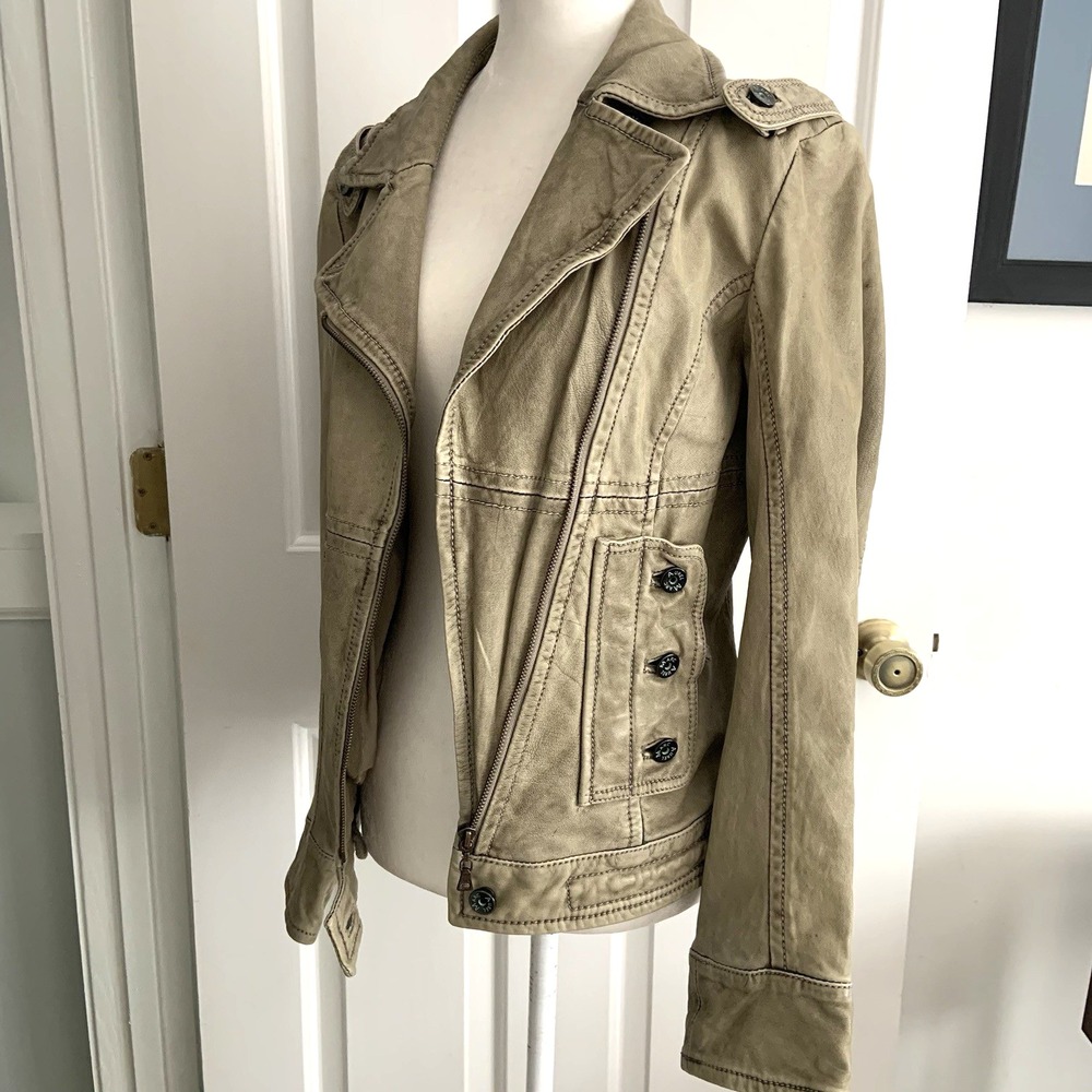 Marc Aurel Pale Green Leather Asymmetric Zip Leather Moto Jacket EU 38 or sz M